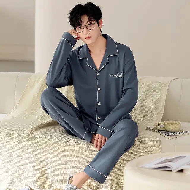 莫代尔 韩版个性耐穿纯棉翻领开衫百搭轻盈透气长袖长裤家居服男士睡衣套装 男款
