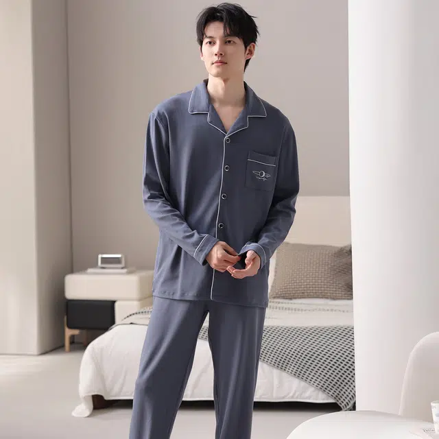 莫代尔 秋冬翻领透气纯棉亲肤舒适柔软开衫家居服睡衣套装 男款