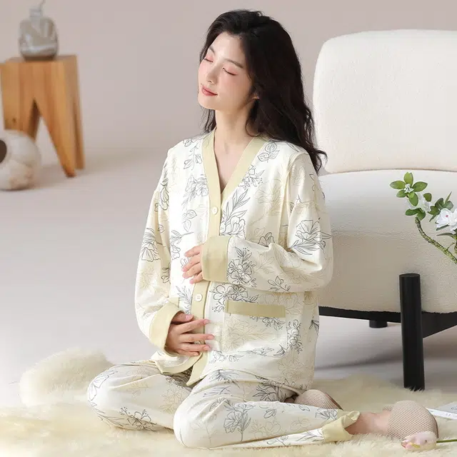 莫代尔 春秋清新带杯垫气质一体式月子家居服睡衣套装 女款