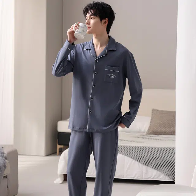 莫代尔 秋冬翻领透气纯棉亲肤舒适柔软开衫家居服睡衣套装 男款