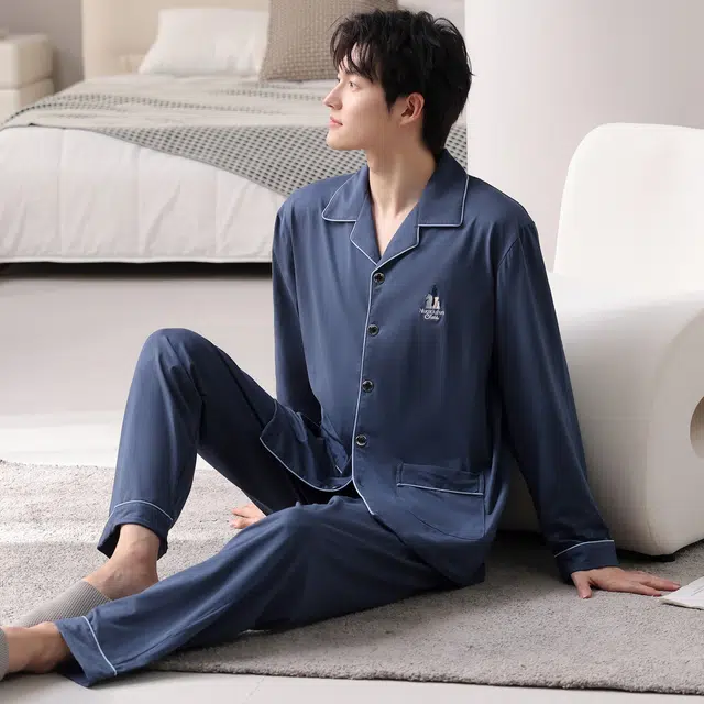 莫代尔 秋冬纯棉亲肤透气舒适翻领家居服睡衣套装 男款