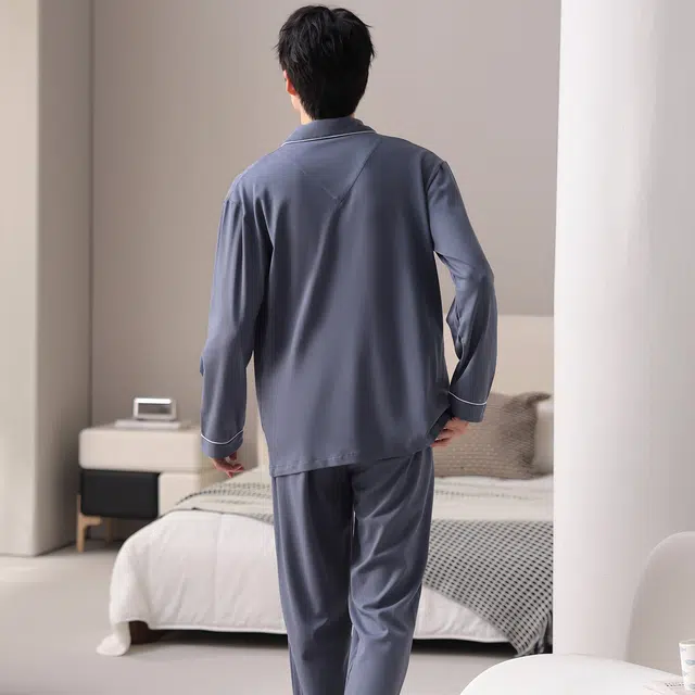 莫代尔 秋冬翻领透气纯棉亲肤舒适柔软开衫家居服睡衣套装 男款