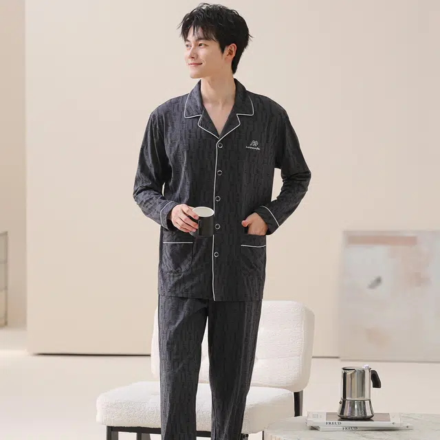 莫代尔 秋冬纯棉亲肤经典开衫透气翻领舒适柔软家居服睡衣套装 男款