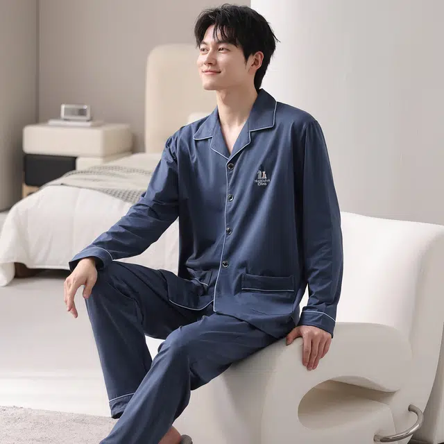 莫代尔 秋冬纯棉亲肤透气舒适翻领家居服睡衣套装 男款