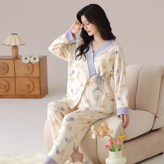 莫代尔 清新春秋一体式气质简约带杯垫月子家居服睡衣套装 女款