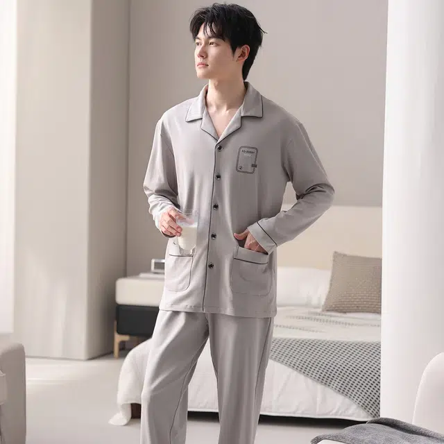 莫代尔 秋冬纯棉亲肤翻领透气舒适柔软家居服睡衣套装 男款