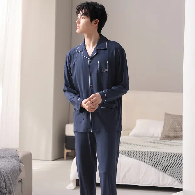 莫代尔 秋冬纯棉亲肤透气舒适家居服睡衣套装 男款