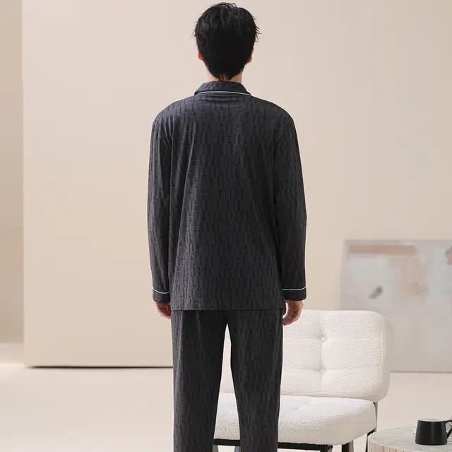 莫代尔 秋冬纯棉亲肤经典开衫透气翻领舒适柔软家居服睡衣套装 男款