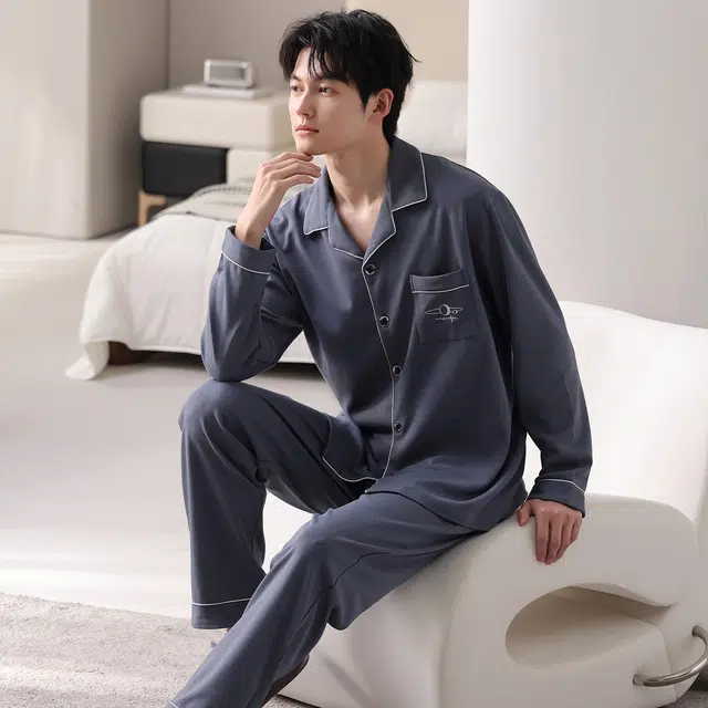 莫代尔 秋冬翻领透气纯棉亲肤舒适柔软开衫家居服睡衣套装 男款