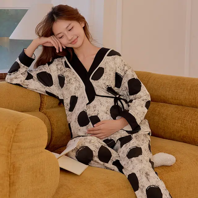 莫代尔 清新春秋气质一体式带杯垫月子家居服睡衣套装 女款