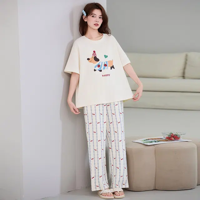 莫代尔 时尚气质百搭个性圆领套头轻柔简洁家居服可外穿女士睡衣套装 女款