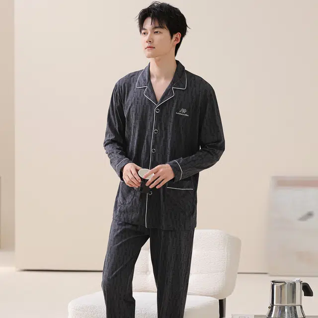 莫代尔 秋冬纯棉亲肤经典开衫透气翻领舒适柔软家居服睡衣套装 男款