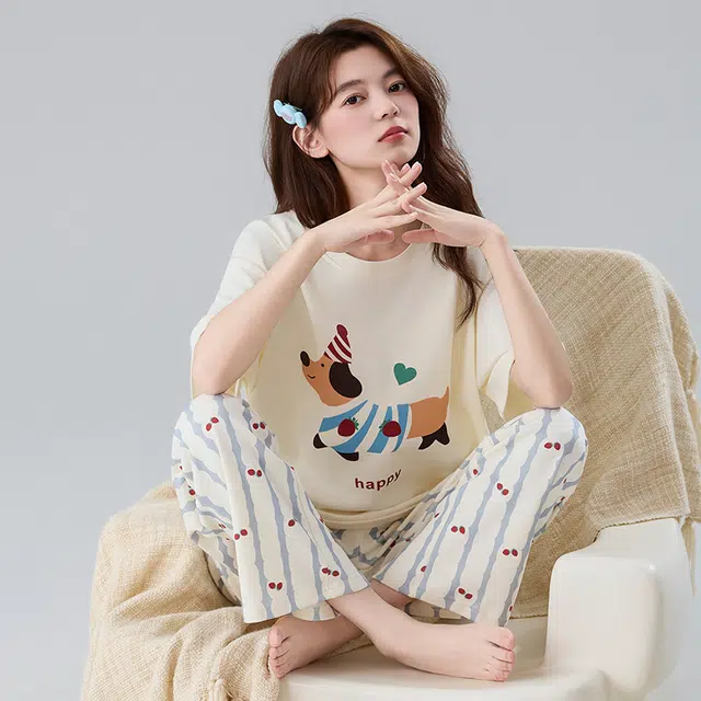 莫代尔 时尚气质百搭个性圆领套头轻柔简洁家居服可外穿女士睡衣套装 女款