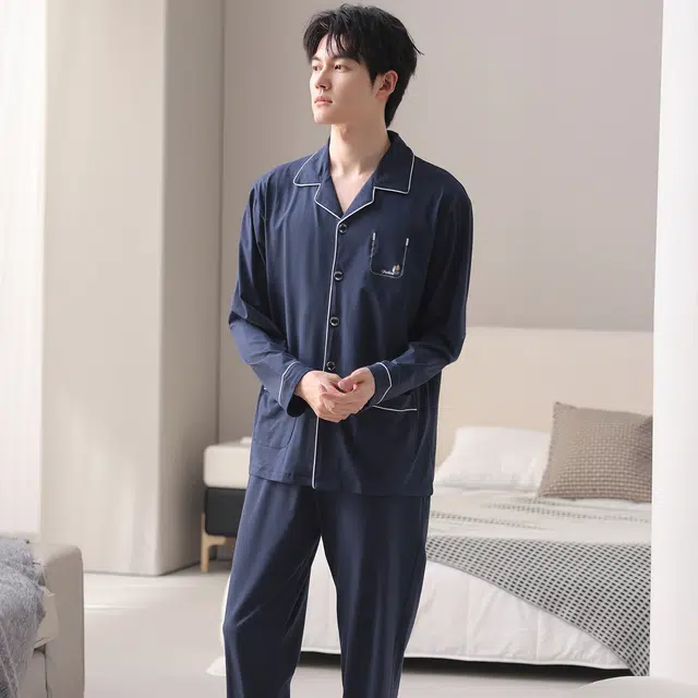 莫代尔 秋冬纯棉亲肤透气舒适家居服睡衣套装 男款