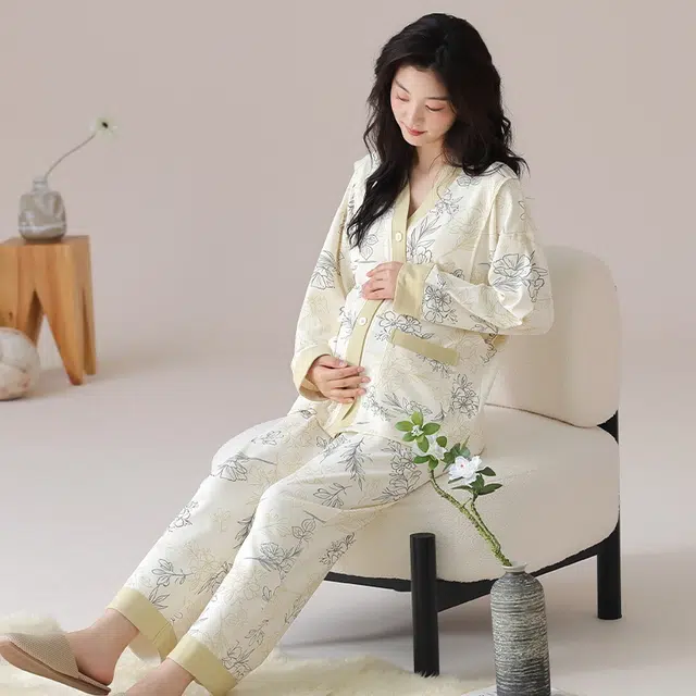 莫代尔 春秋清新带杯垫气质一体式月子家居服睡衣套装 女款