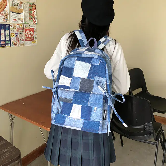 雅鹿 美式潮酷复古做旧牛仔个性印花初高中大学生书包小众不撞款百搭运动电脑背包 尼龙 双肩包 常规 男女同款情侣款 格子/星星