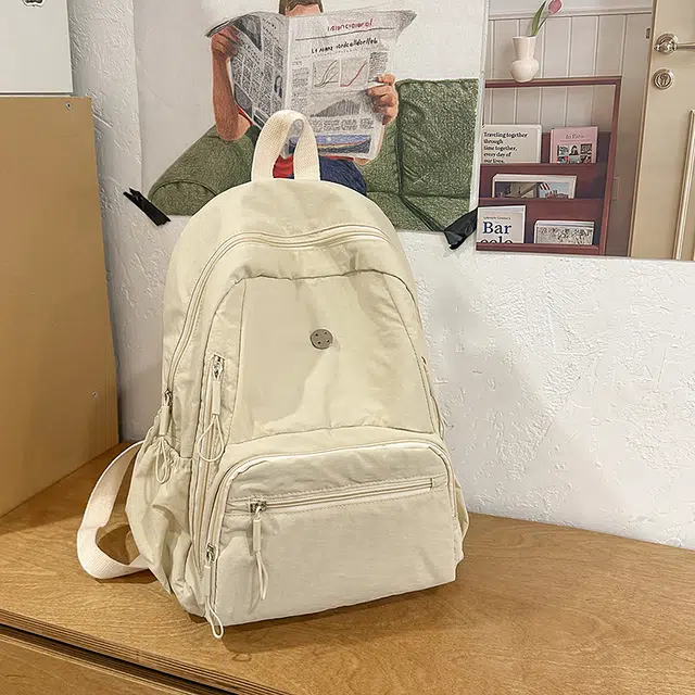 雅鹿 春夏日纯色多口袋高中大学生上课书包简约百搭休闲旅行运动户外电脑背包 尼龙 双肩包 常规 男女同款情侣款 白色/黑色/绿色