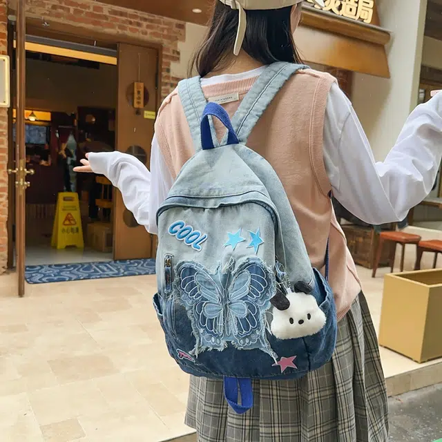 雅鹿 春夏日韩系渐变扎染水洗高颜值蝴蝶蓝星星甜酷学院风 牛仔布 双肩包 女款 蓝色