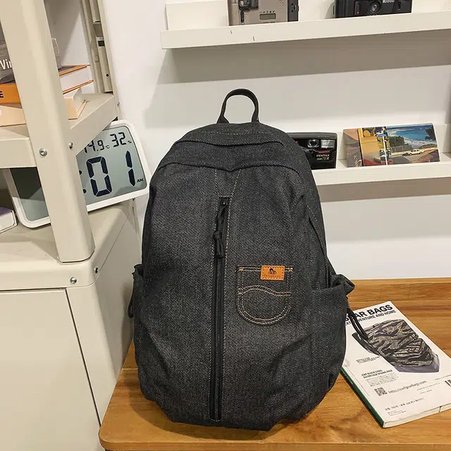 雅鹿 美式潮酷复古风纯色简约大容量轻便运动旅行 牛仔布 双肩包 常规 男女同款情侣款 黑色/蓝色