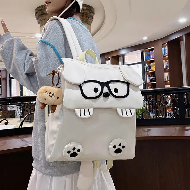 雅鹿 卡通小狗初高中生高颜值 布 背包双肩包 男女同款情侣款 白色/卡其/黑色