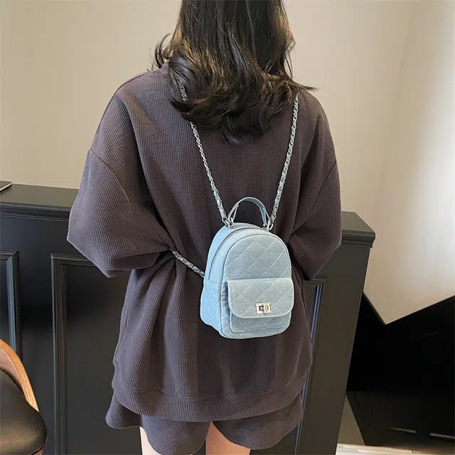 雅鹿 纯色小香风菱格链条 牛仔布 背包双肩包 女款 蓝色