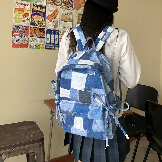 雅鹿 美式潮酷复古做旧牛仔个性印花初高中大学生书包小众不撞款百搭运动电脑背包 尼龙 双肩包 常规 男女同款情侣款 格子/星星