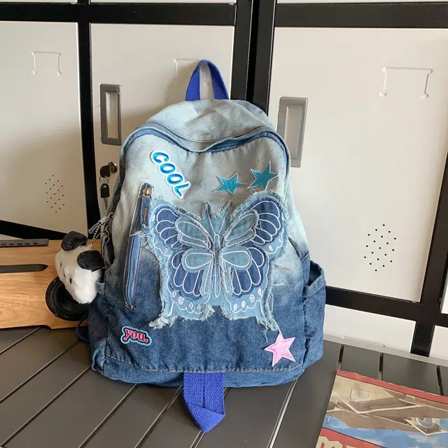 雅鹿 春夏日韩系渐变扎染水洗高颜值蝴蝶蓝星星甜酷学院风 牛仔布 双肩包 女款 蓝色