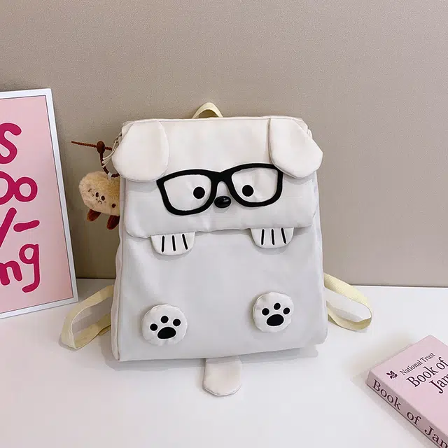 雅鹿 卡通小狗初高中生高颜值 布 背包双肩包 男女同款情侣款 白色/卡其/黑色