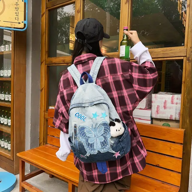 雅鹿 春夏日韩系渐变扎染水洗高颜值蝴蝶蓝星星甜酷学院风 牛仔布 双肩包 女款 蓝色