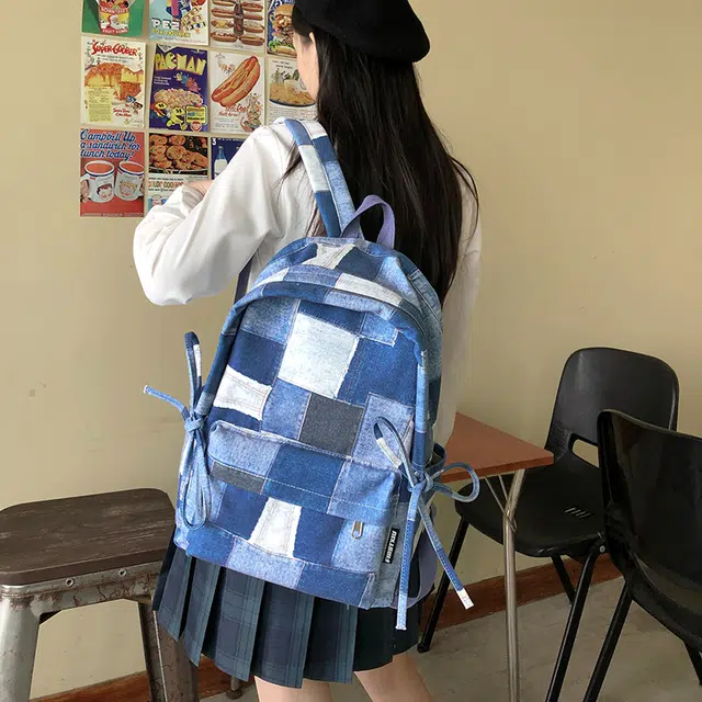 雅鹿 美式潮酷复古做旧牛仔个性印花初高中大学生书包小众不撞款百搭运动电脑背包 尼龙 双肩包 常规 男女同款情侣款 格子/星星