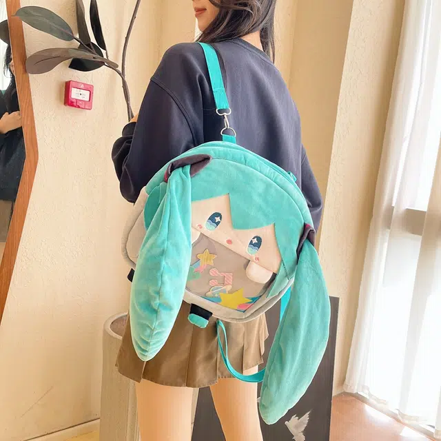 雅鹿 日系撞色卡通可爱毛茸茸玩偶宝宝未来人物透明层痛包二次元日常出行 毛绒 双肩包 女款 蓝色