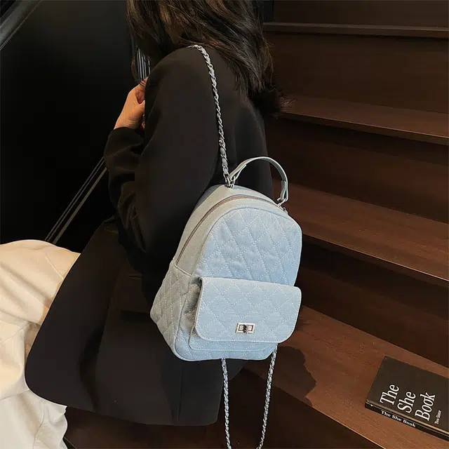 雅鹿 纯色小香风菱格链条 牛仔布 背包双肩包 女款 蓝色