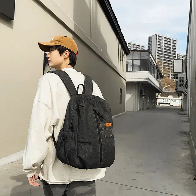雅鹿 美式潮酷复古风纯色简约大容量轻便运动旅行 牛仔布 双肩包 常规 男女同款情侣款 黑色/蓝色