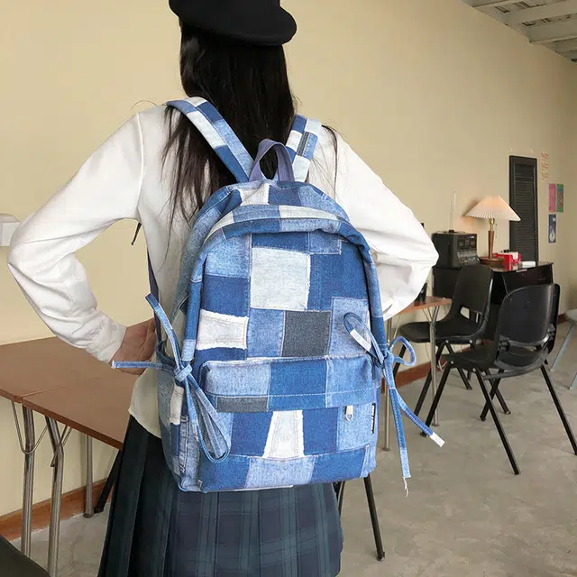 雅鹿 美式潮酷复古做旧牛仔个性印花初高中大学生书包小众不撞款百搭运动电脑背包 尼龙 双肩包 常规 男女同款情侣款 格子/星星
