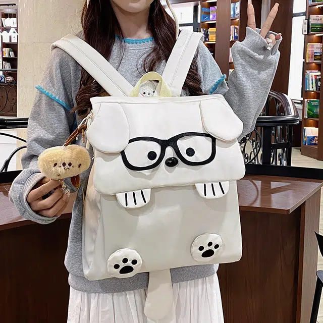 雅鹿 卡通小狗初高中生高颜值 布 背包双肩包 男女同款情侣款 白色/卡其/黑色