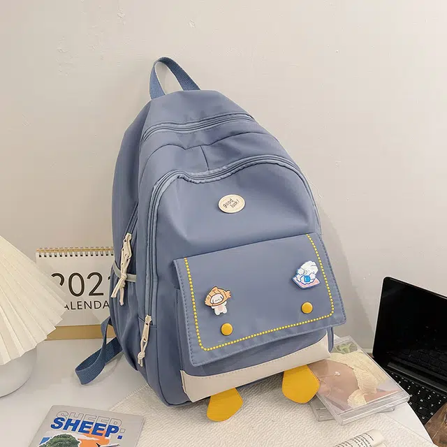 雅鹿 春夏撞色校园风学生日系可爱卡通书包森系少女多口袋 尼龙 双肩包 常规 男女同款情侣款 蓝色/浅绿/黑色/粉色