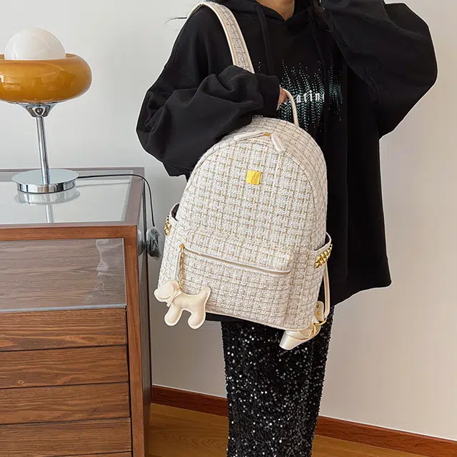 雅鹿 小香风毛呢绣线高级质感大学生书包经典款百搭复古旅行电脑背包 织物 双肩包 常规 女款 白色/黑色