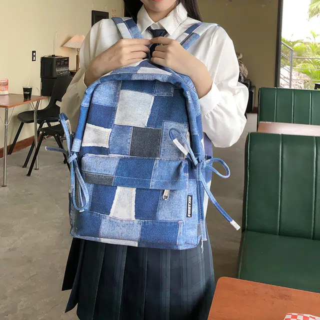 雅鹿 美式潮酷复古做旧牛仔个性印花初高中大学生书包小众不撞款百搭运动电脑背包 尼龙 双肩包 常规 男女同款情侣款 格子/星星