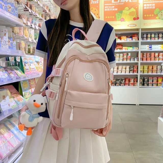 雅鹿 撞色水滴笑脸贴布小清新多层大容量百搭 尼龙 双肩包 男女同款情侣款 多色