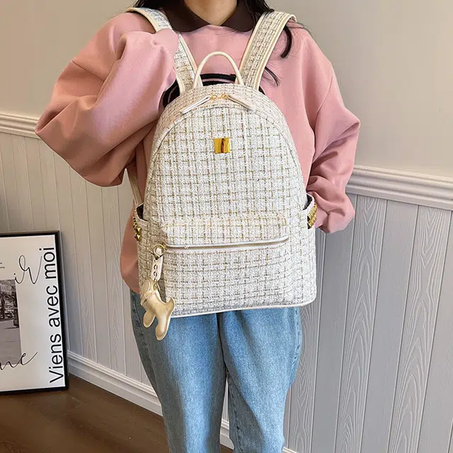 雅鹿 小香风毛呢绣线高级质感大学生书包经典款百搭复古旅行电脑背包 织物 双肩包 常规 女款 白色/黑色