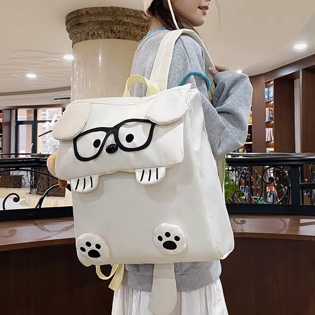 雅鹿 卡通小狗初高中生高颜值 布 背包双肩包 男女同款情侣款 白色/卡其/黑色