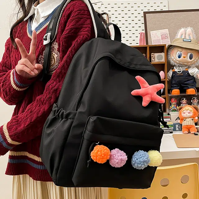 雅鹿 韩系多巴胺撞色可爱海星毛球装饰大容量 尼龙 双肩包 女款 多色