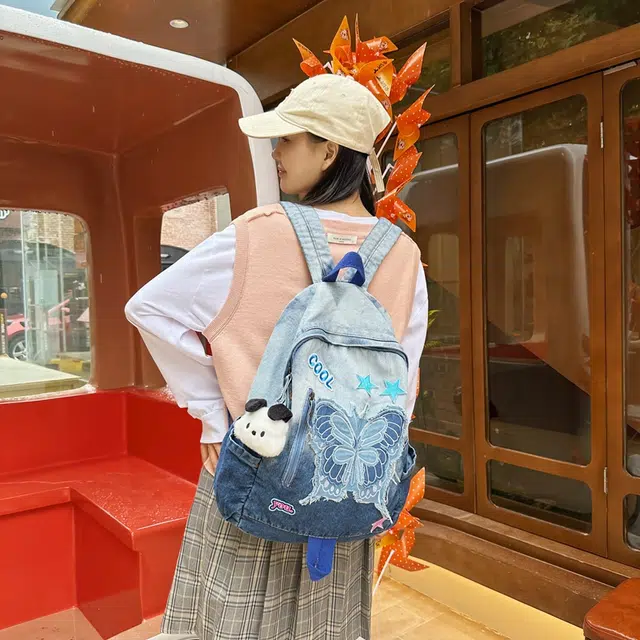 雅鹿 春夏日韩系渐变扎染水洗高颜值蝴蝶蓝星星甜酷学院风 牛仔布 双肩包 女款 蓝色