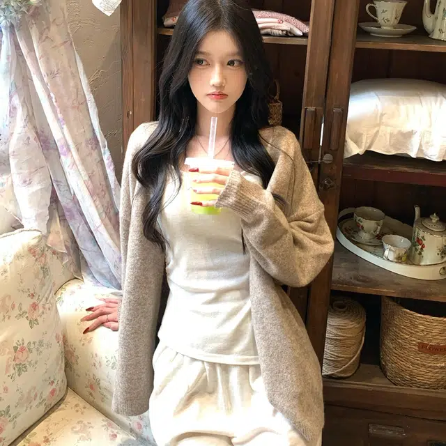 桴生 韩系慵懒风纯色软糯宽松中长款开衫外套上衣针织衫 女款