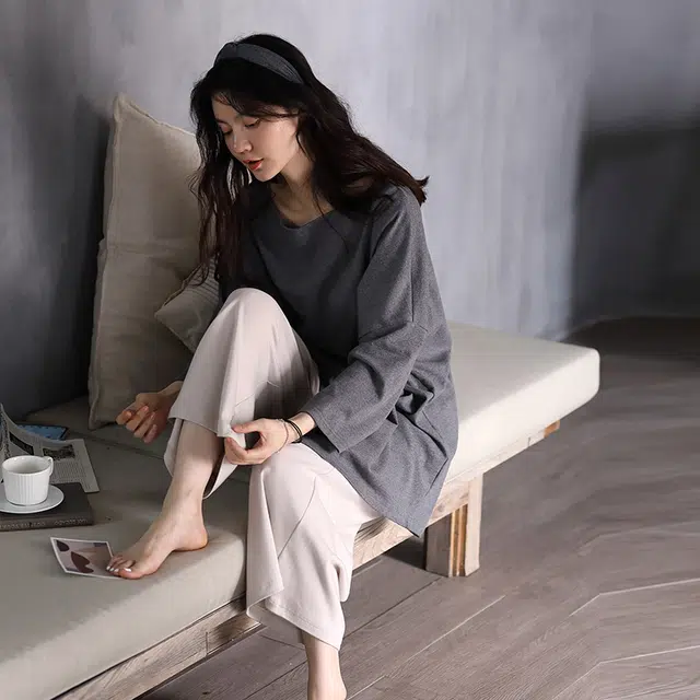 美腾 睡衣女春秋季夏款宽松休闲九分袖家居服套装韩版纯棉全棉可外穿 家居套装 女款