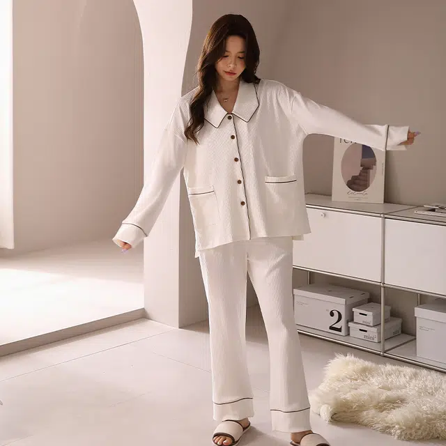 美腾 睡衣春秋女款纯棉长袖开衫宽松家居服简约可外穿秋款  女款 白色内衣 女款