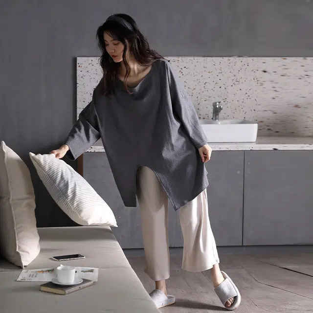 美腾 睡衣女春秋季夏款宽松休闲九分袖家居服套装韩版纯棉全棉可外穿 家居套装 女款