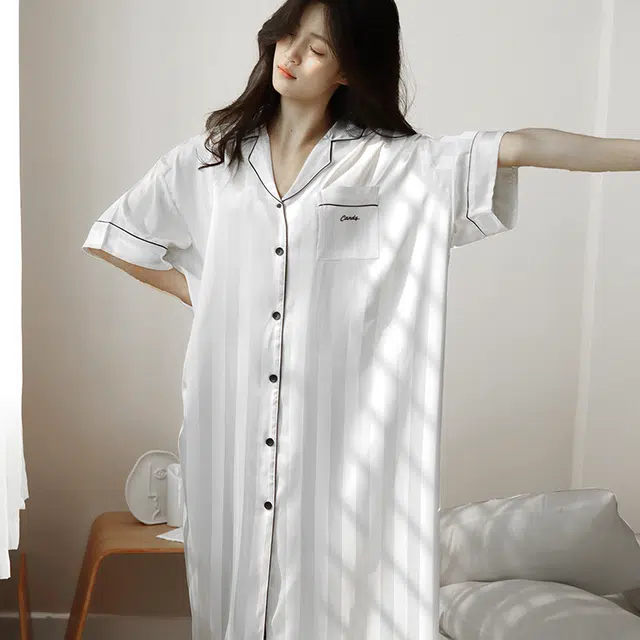美腾 可外穿家居服舒适翻领薄款简约冰丝短袖睡裙 夏季 女款 白色 礼盒款