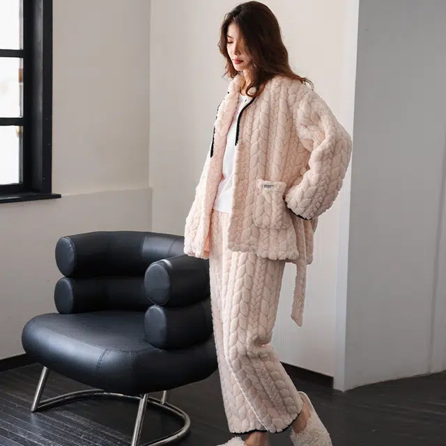 美腾 珊瑚绒睡衣女士冬季开衫加厚加绒家居服法兰绒保暖套装可外穿 家居套装 女款