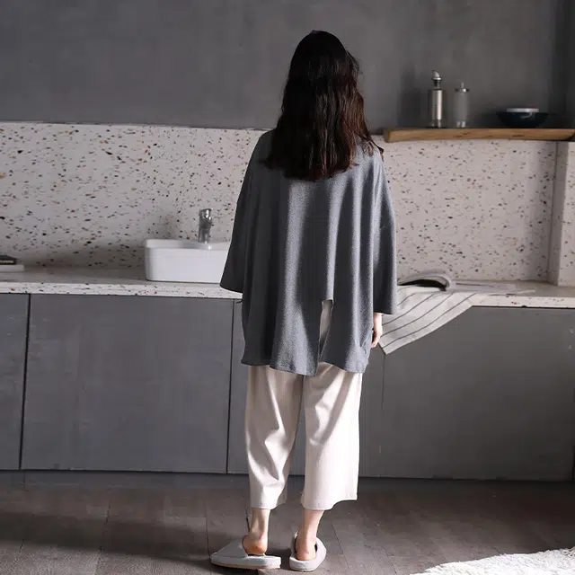 美腾 睡衣女春秋季夏款宽松休闲九分袖家居服套装韩版纯棉全棉可外穿 家居套装 女款